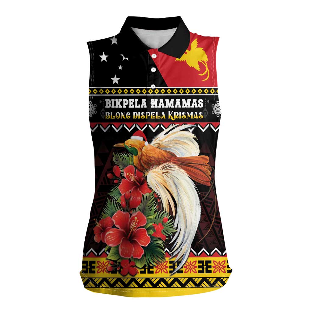 Papua New Guinea Christmas Women Sleeveless Polo Shirt Bird Of Paradise Hamamas Krismas LT05 Female Black - Polynesian Pride