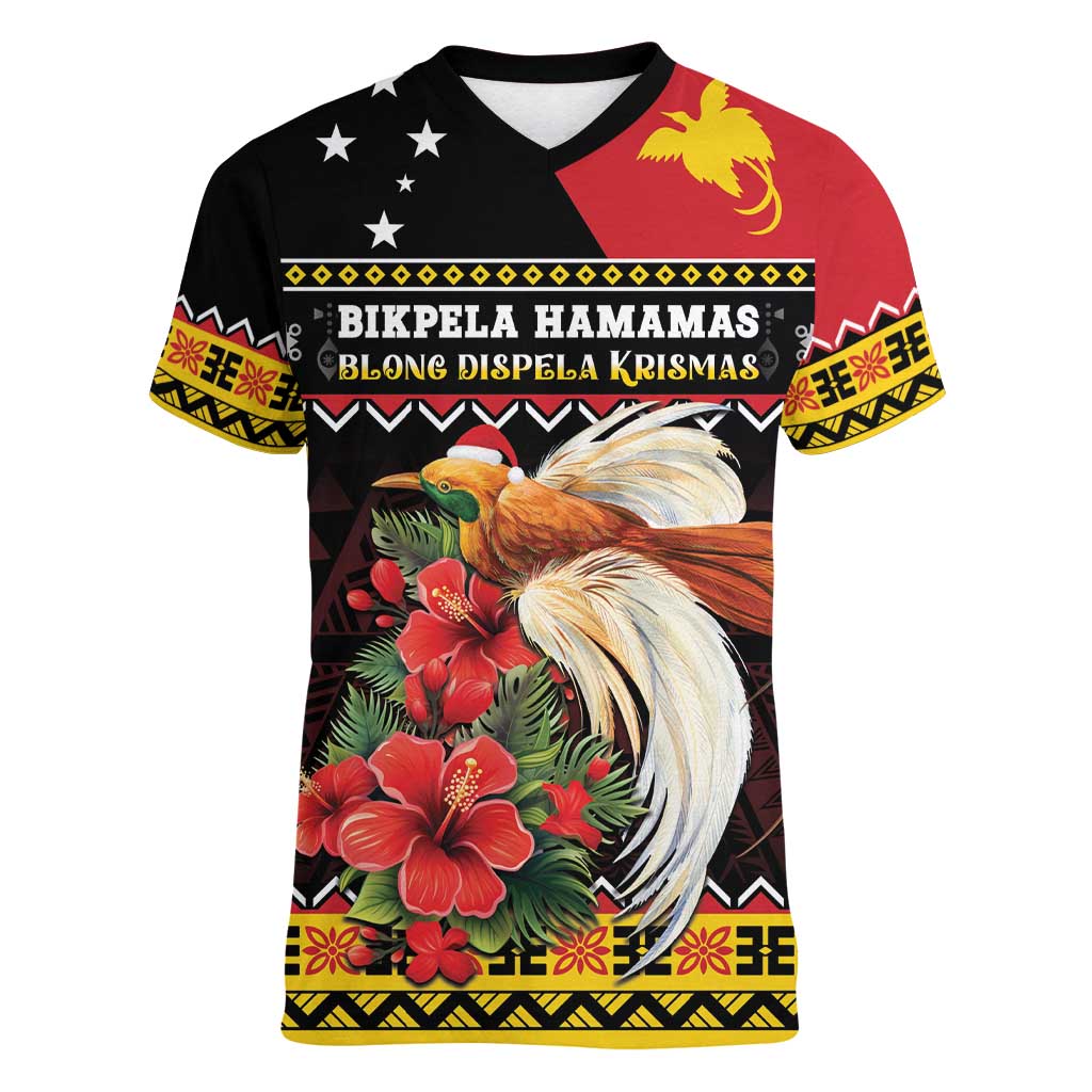 Papua New Guinea Christmas Women V-Neck T-Shirt Bird Of Paradise Hamamas Krismas LT05 Female Black - Polynesian Pride