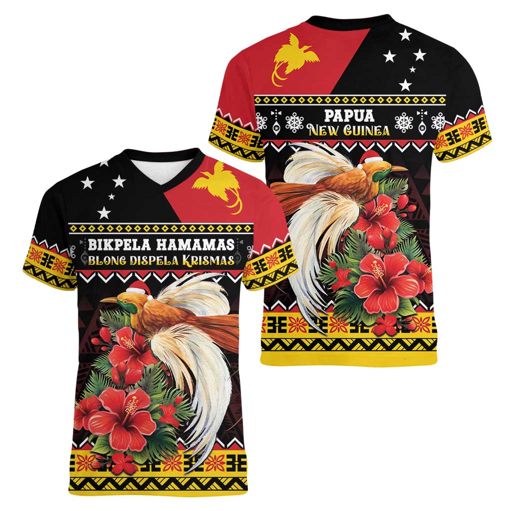 Papua New Guinea Christmas Women V-Neck T-Shirt Bird Of Paradise Hamamas Krismas LT05 - Polynesian Pride