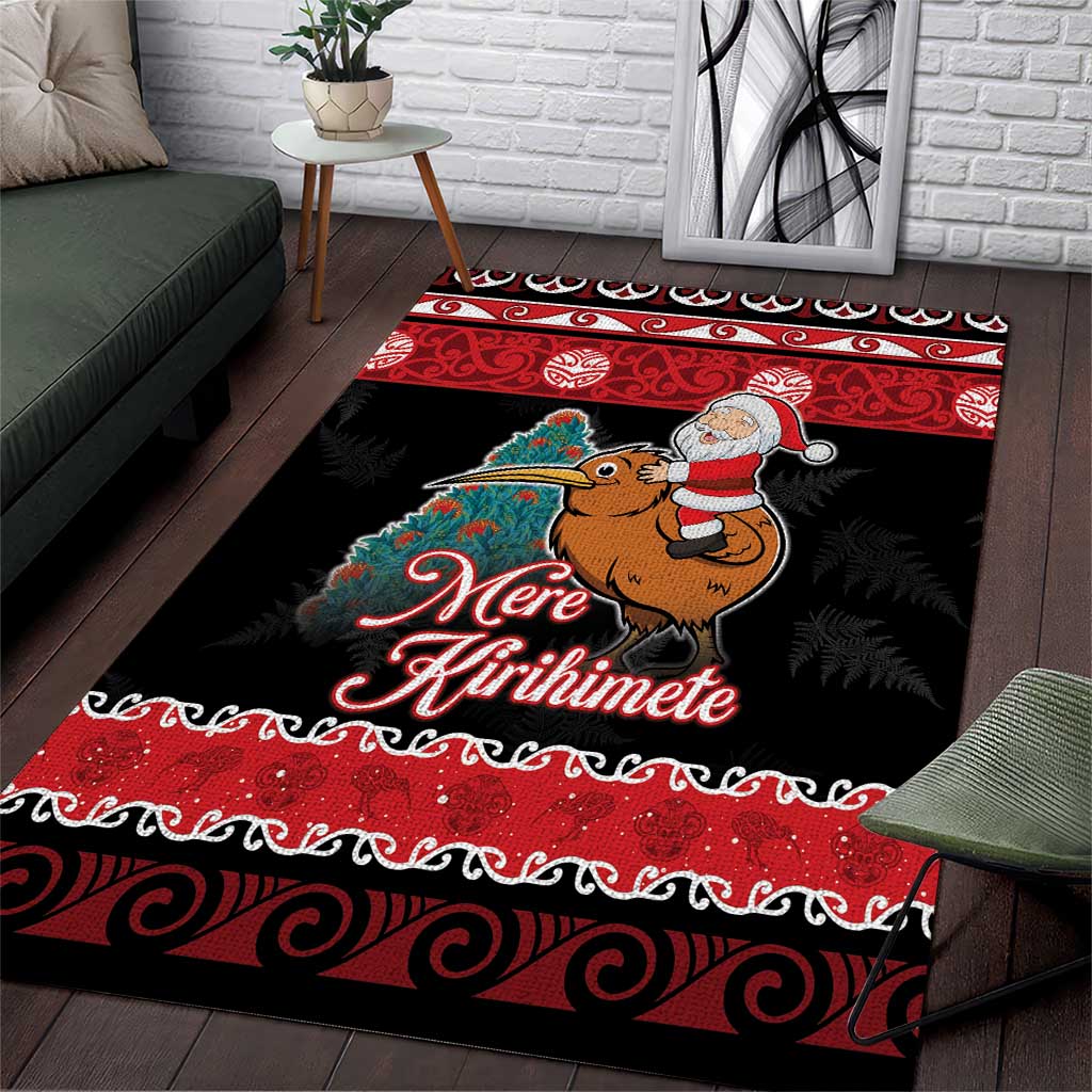 New Zealand Christmas Area Rug Funny Santa Riding Kiwi Meri Kirihimete LT05 Black - Polynesian Pride