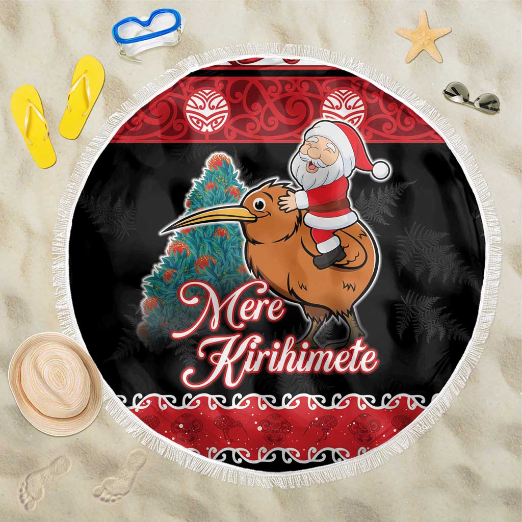 New Zealand Christmas Beach Blanket Funny Santa Riding Kiwi Meri Kirihimete LT05 One Size 150cm Black - Polynesian Pride