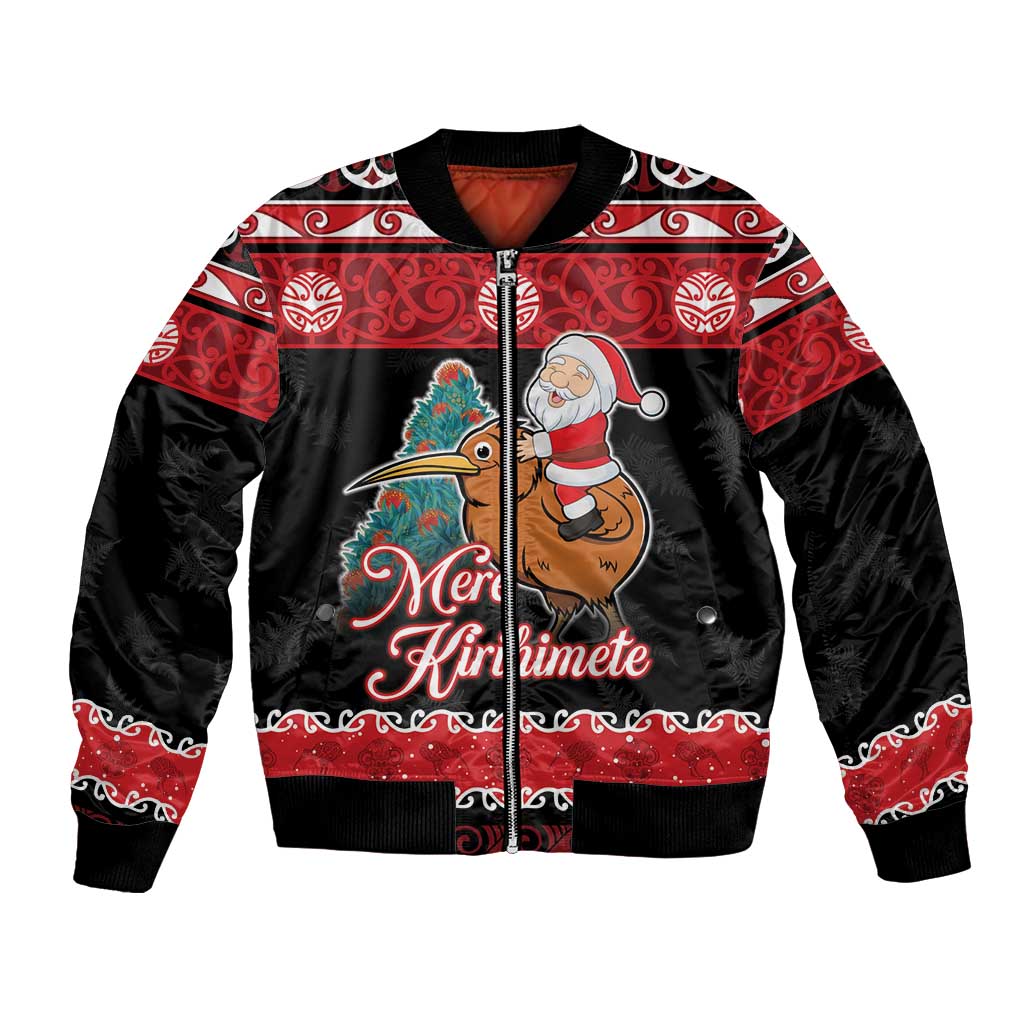 New Zealand Christmas Bomber Jacket Funny Santa Riding Kiwi Meri Kirihimete LT05 Unisex Black - Polynesian Pride