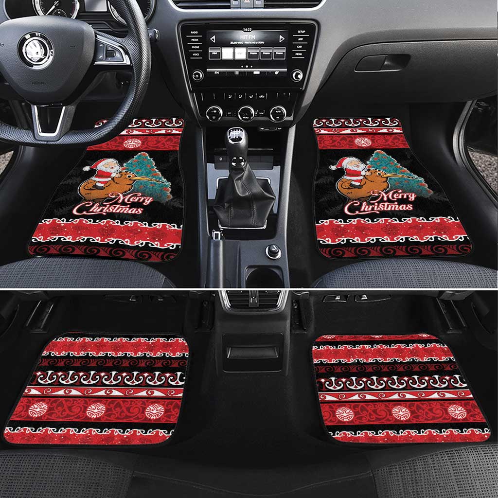 New Zealand Christmas Car Mats Funny Santa Riding Kiwi Meri Kirihimete LT05 Set 4pcs Black - Polynesian Pride