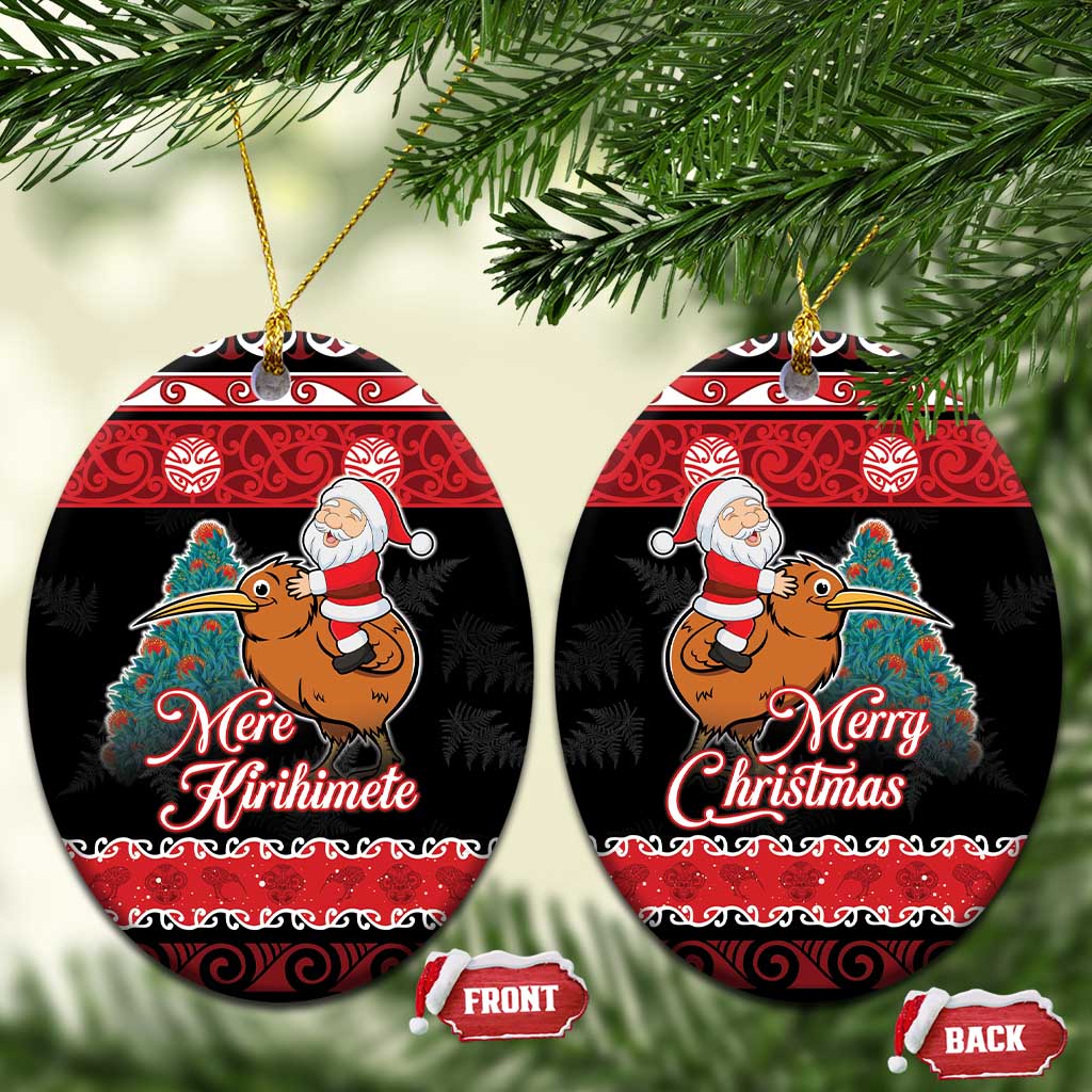 New Zealand Christmas Ceramic Ornament Funny Santa Riding Kiwi Meri Kirihimete LT05 Oval Black - Polynesian Pride