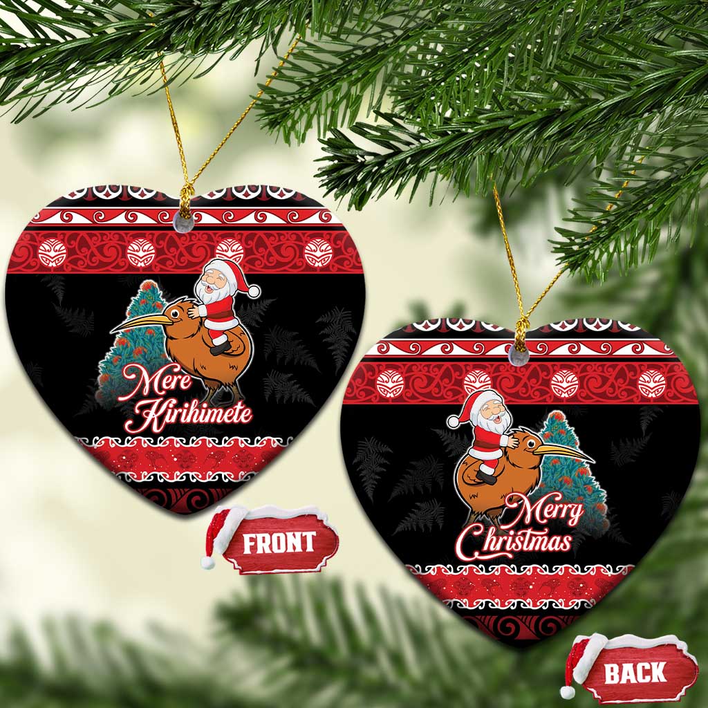 New Zealand Christmas Ceramic Ornament Funny Santa Riding Kiwi Meri Kirihimete LT05 Heart Black - Polynesian Pride