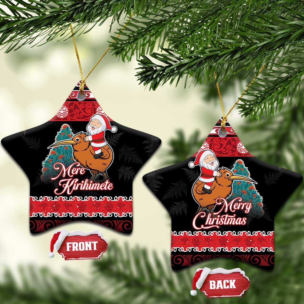 New Zealand Christmas Ceramic Ornament Funny Santa Riding Kiwi Meri Kirihimete LT05 Star Black - Polynesian Pride