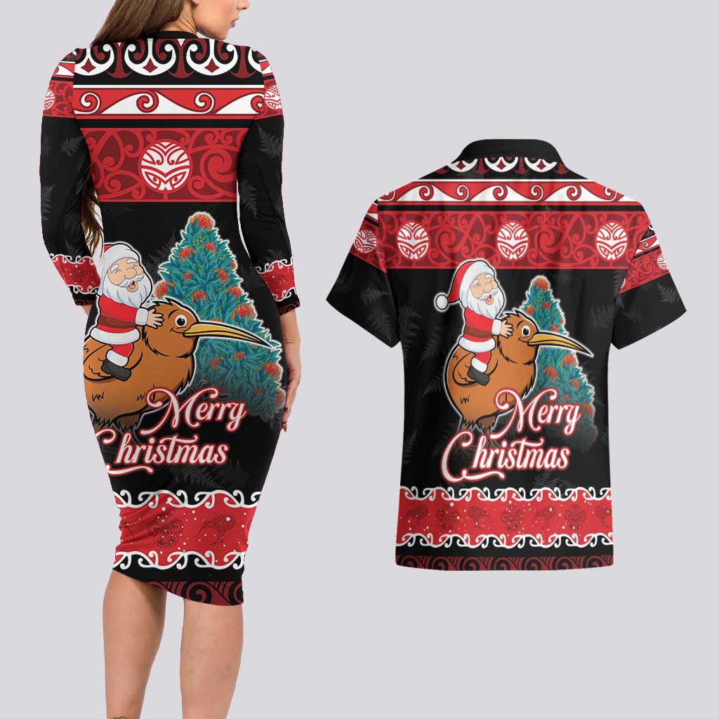 New Zealand Christmas Couples Matching Long Sleeve Bodycon Dress and Hawaiian Shirt Funny Santa Riding Kiwi Meri Kirihimete LT05 - Polynesian Pride