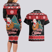 New Zealand Christmas Couples Matching Long Sleeve Bodycon Dress and Hawaiian Shirt Funny Santa Riding Kiwi Meri Kirihimete LT05 - Polynesian Pride