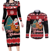 New Zealand Christmas Couples Matching Long Sleeve Bodycon Dress and Long Sleeve Button Shirt Funny Santa Riding Kiwi Meri Kirihimete LT05 Black - Polynesian Pride
