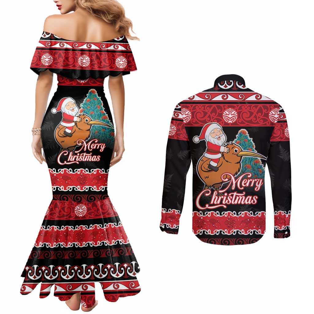 New Zealand Christmas Couples Matching Mermaid Dress and Long Sleeve Button Shirt Funny Santa Riding Kiwi Meri Kirihimete LT05 - Polynesian Pride