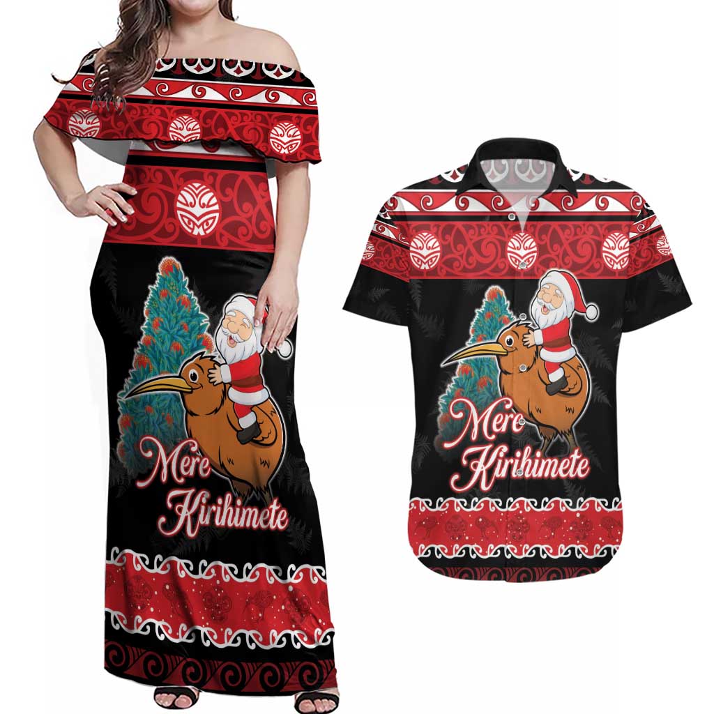 New Zealand Christmas Couples Matching Off Shoulder Maxi Dress and Hawaiian Shirt Funny Santa Riding Kiwi Meri Kirihimete LT05 Black - Polynesian Pride