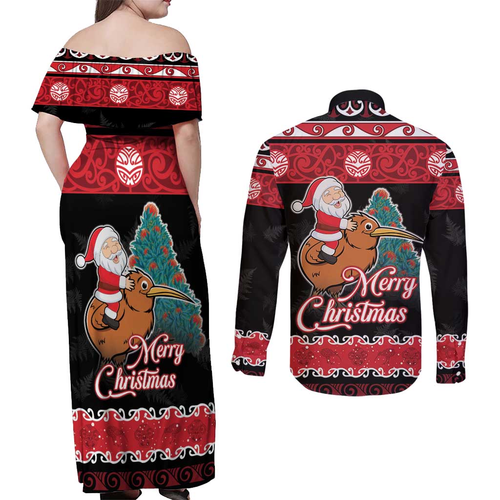 New Zealand Christmas Couples Matching Off Shoulder Maxi Dress and Long Sleeve Button Shirt Funny Santa Riding Kiwi Meri Kirihimete LT05 - Polynesian Pride