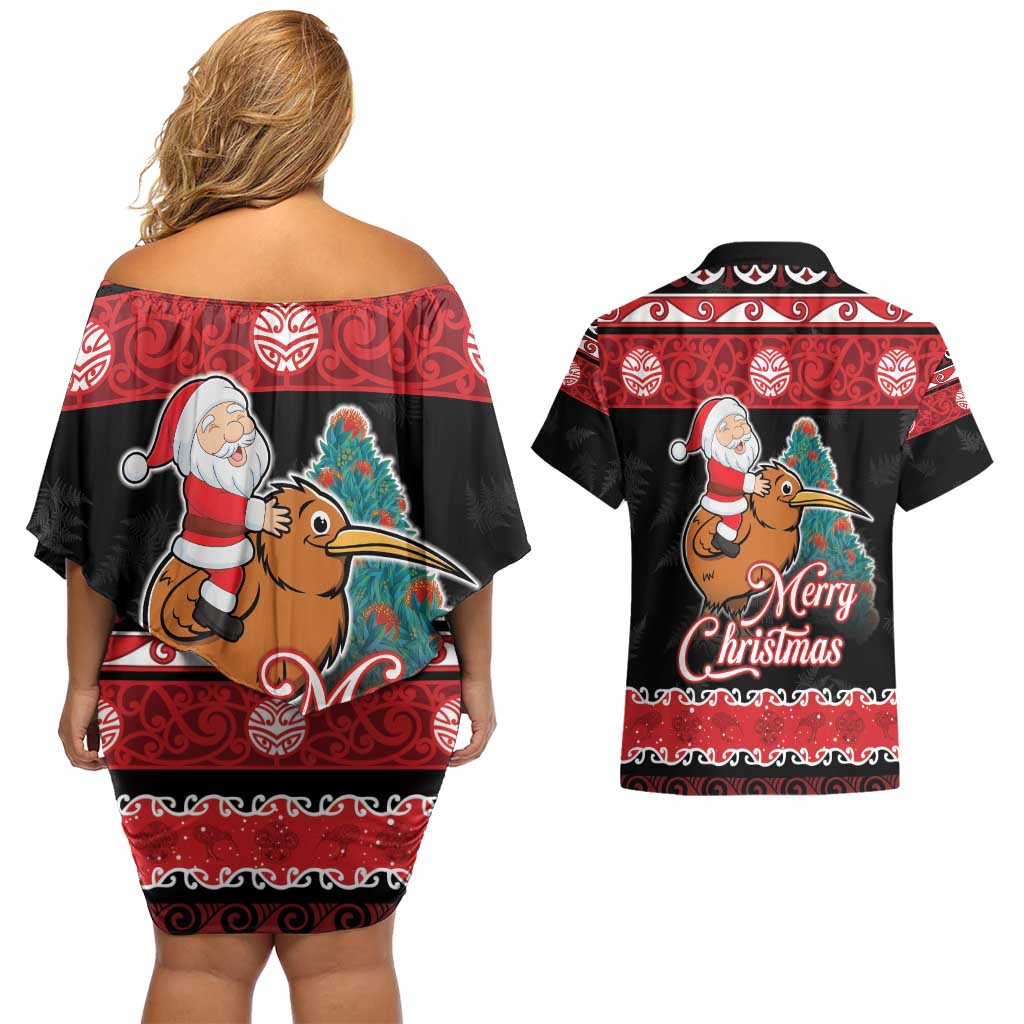 New Zealand Christmas Couples Matching Off Shoulder Short Dress and Hawaiian Shirt Funny Santa Riding Kiwi Meri Kirihimete LT05 - Polynesian Pride