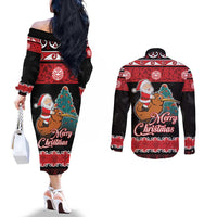 New Zealand Christmas Couples Matching Off The Shoulder Long Sleeve Dress and Long Sleeve Button Shirt Funny Santa Riding Kiwi Meri Kirihimete LT05 - Polynesian Pride
