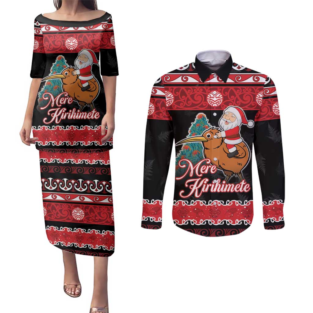 New Zealand Christmas Couples Matching Puletasi and Long Sleeve Button Shirt Funny Santa Riding Kiwi Meri Kirihimete LT05 Black - Polynesian Pride