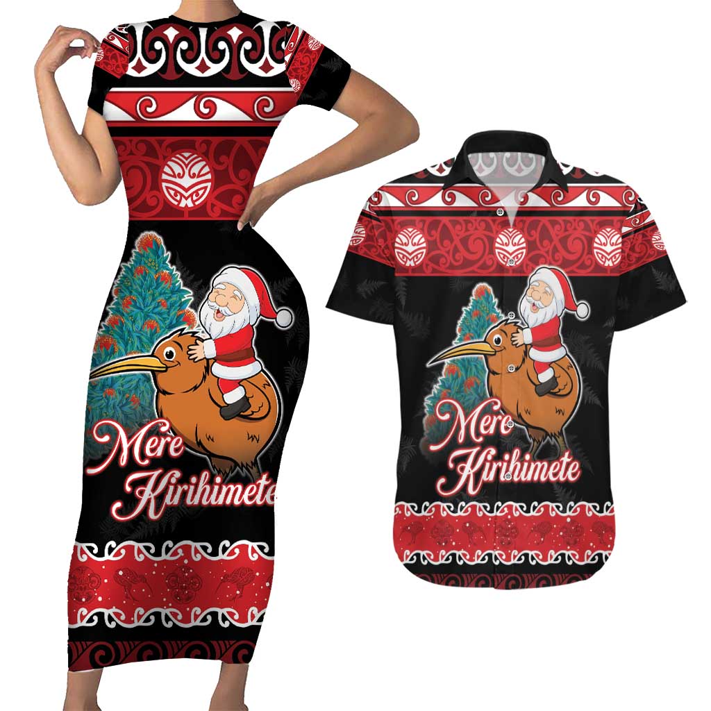 New Zealand Christmas Couples Matching Short Sleeve Bodycon Dress and Hawaiian Shirt Funny Santa Riding Kiwi Meri Kirihimete LT05 Black - Polynesian Pride