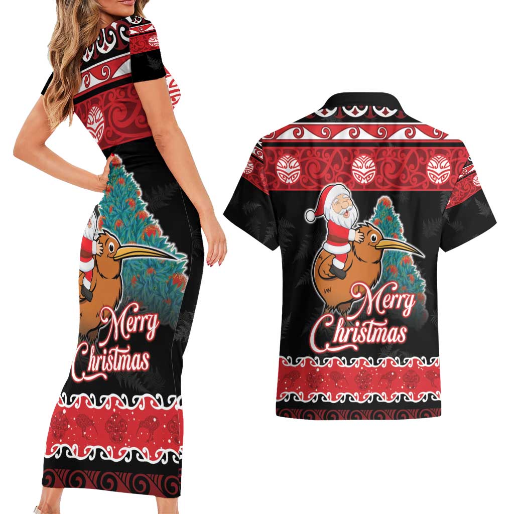 New Zealand Christmas Couples Matching Short Sleeve Bodycon Dress and Hawaiian Shirt Funny Santa Riding Kiwi Meri Kirihimete LT05 - Polynesian Pride