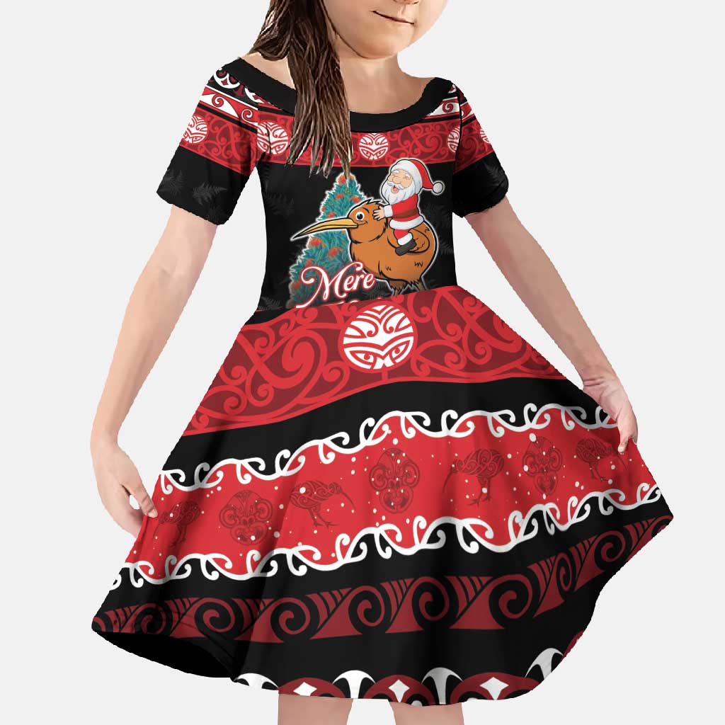 New Zealand Christmas Family Matching Mermaid Dress and Hawaiian Shirt Funny Santa Riding Kiwi Meri Kirihimete LT05 Daughter's Dress Black - Polynesian Pride