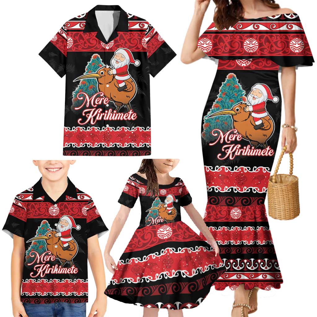 New Zealand Christmas Family Matching Mermaid Dress and Hawaiian Shirt Funny Santa Riding Kiwi Meri Kirihimete LT05 - Polynesian Pride