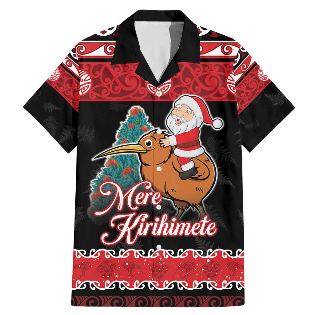New Zealand Christmas Family Matching Mermaid Dress and Hawaiian Shirt Funny Santa Riding Kiwi Meri Kirihimete LT05 Dad's Shirt - Short Sleeve Black - Polynesian Pride