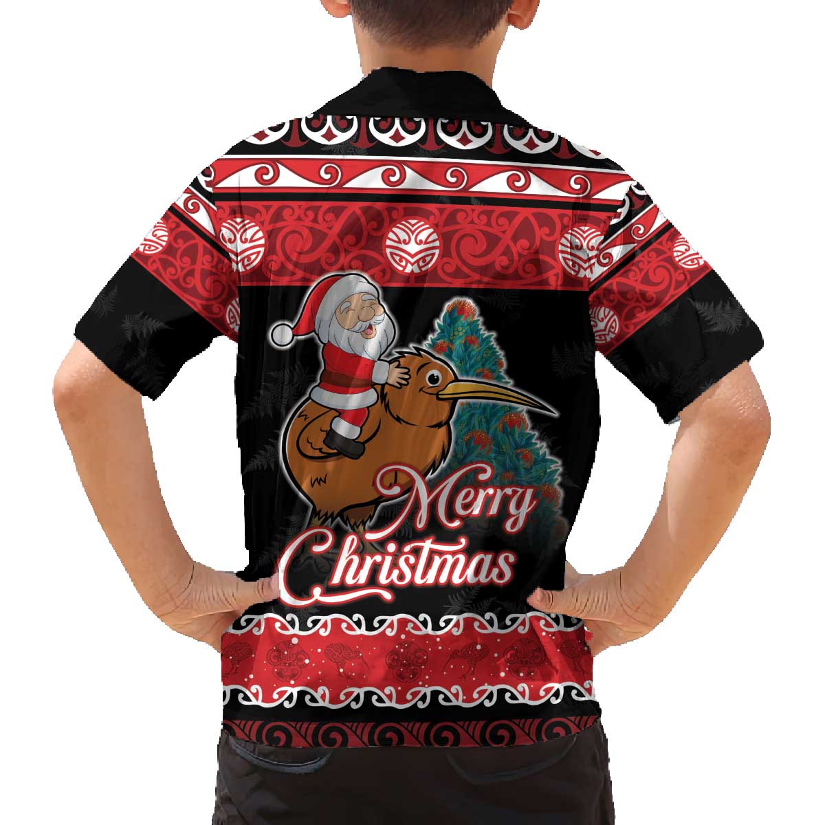 New Zealand Christmas Family Matching Off The Shoulder Long Sleeve Dress and Hawaiian Shirt Funny Santa Riding Kiwi Meri Kirihimete LT05 - Polynesian Pride
