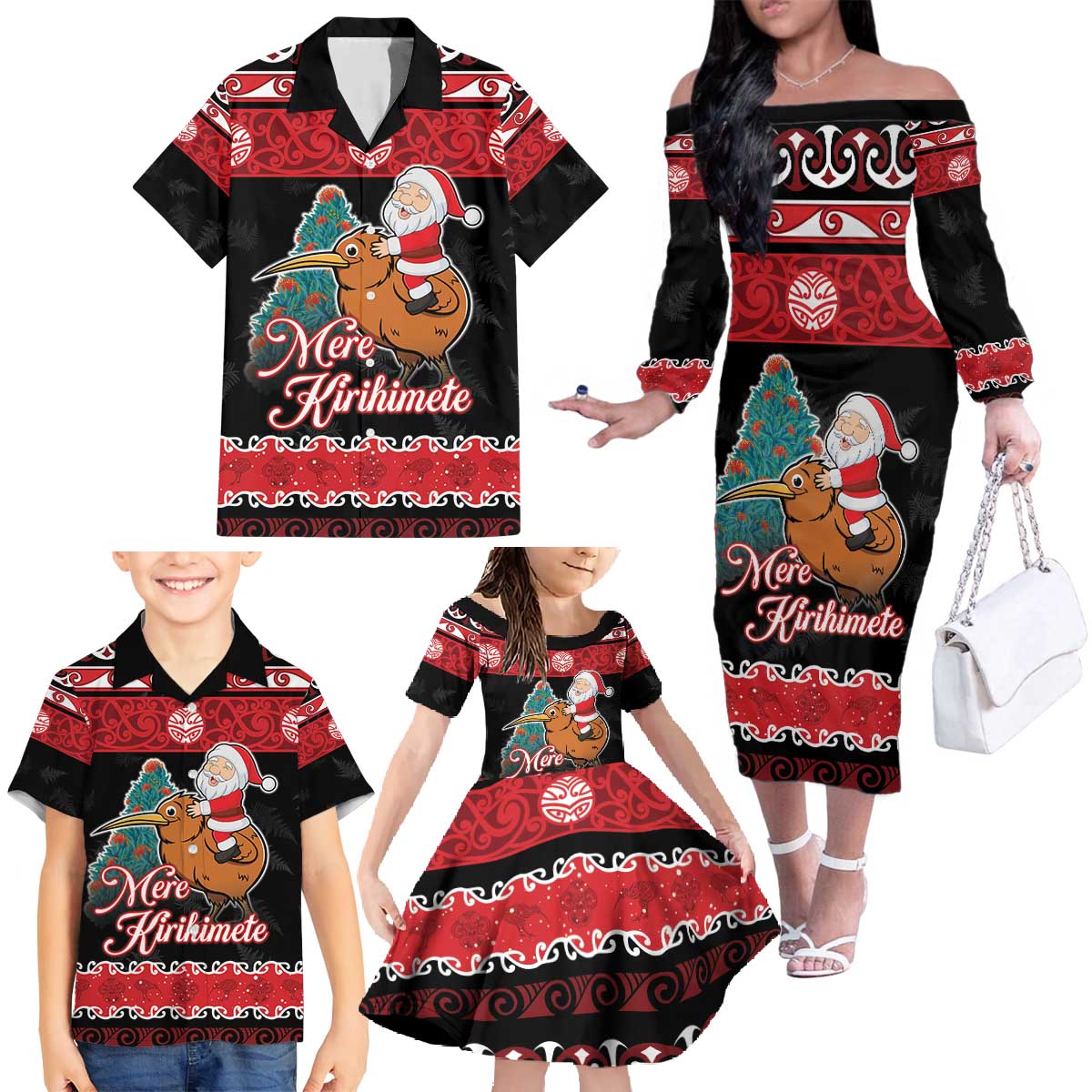New Zealand Christmas Family Matching Off The Shoulder Long Sleeve Dress and Hawaiian Shirt Funny Santa Riding Kiwi Meri Kirihimete LT05 - Polynesian Pride