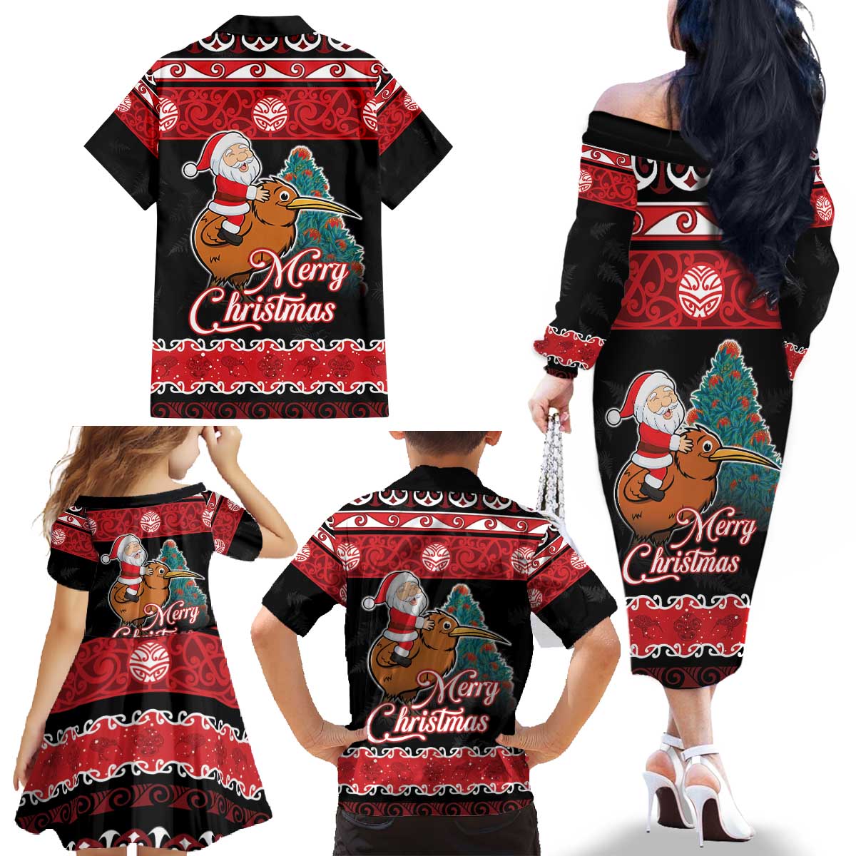 New Zealand Christmas Family Matching Off The Shoulder Long Sleeve Dress and Hawaiian Shirt Funny Santa Riding Kiwi Meri Kirihimete LT05 - Polynesian Pride
