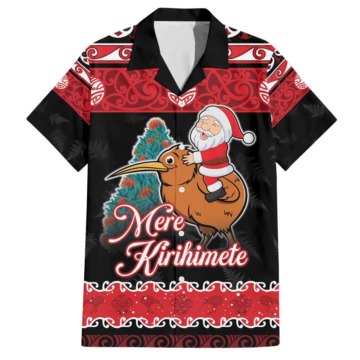 New Zealand Christmas Family Matching Off The Shoulder Long Sleeve Dress and Hawaiian Shirt Funny Santa Riding Kiwi Meri Kirihimete LT05 Dad's Shirt - Short Sleeve Black - Polynesian Pride