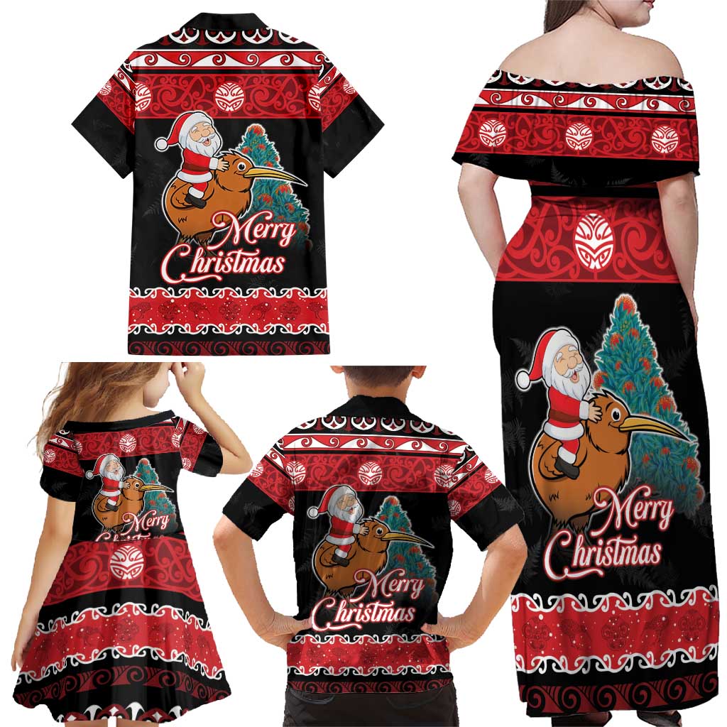 New Zealand Christmas Family Matching Off Shoulder Maxi Dress and Hawaiian Shirt Funny Santa Riding Kiwi Meri Kirihimete LT05 - Polynesian Pride