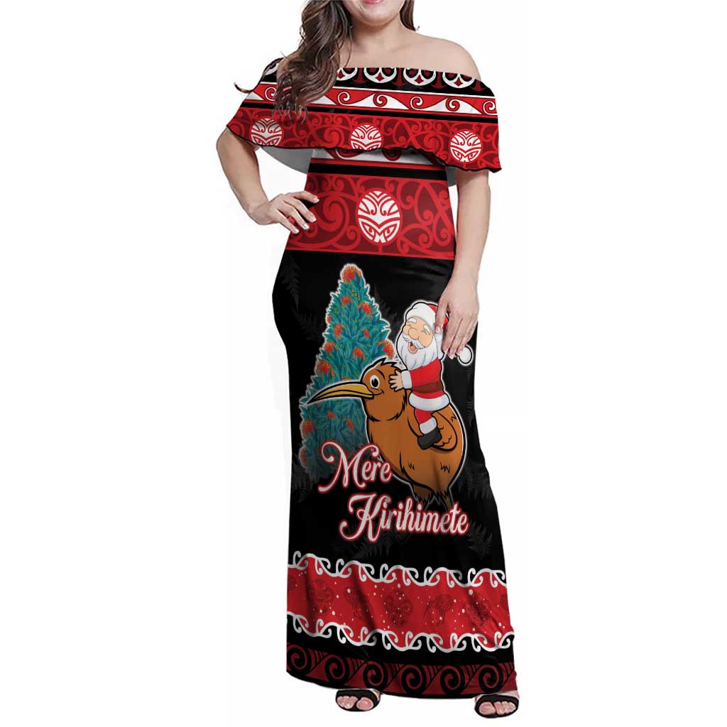 New Zealand Christmas Family Matching Off Shoulder Maxi Dress and Hawaiian Shirt Funny Santa Riding Kiwi Meri Kirihimete LT05 Mom's Dress Black - Polynesian Pride