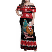 New Zealand Christmas Family Matching Off Shoulder Maxi Dress and Hawaiian Shirt Funny Santa Riding Kiwi Meri Kirihimete LT05 Mom's Dress Black - Polynesian Pride