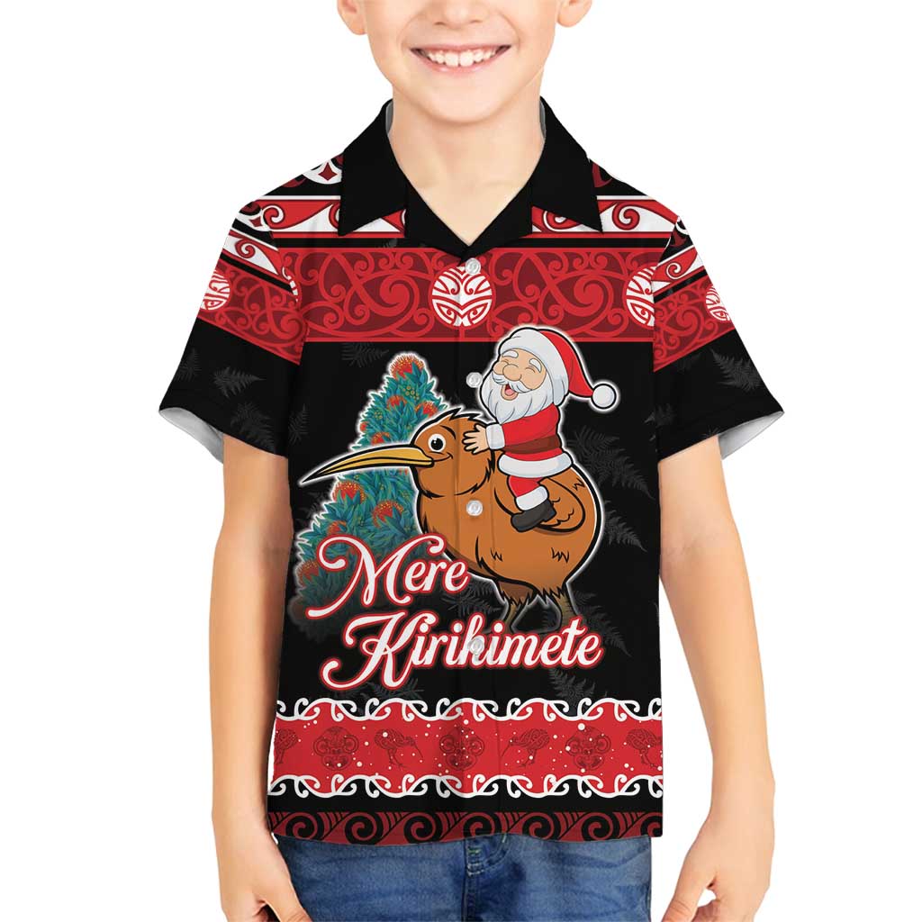 New Zealand Christmas Family Matching Off Shoulder Maxi Dress and Hawaiian Shirt Funny Santa Riding Kiwi Meri Kirihimete LT05 Son's Shirt Black - Polynesian Pride