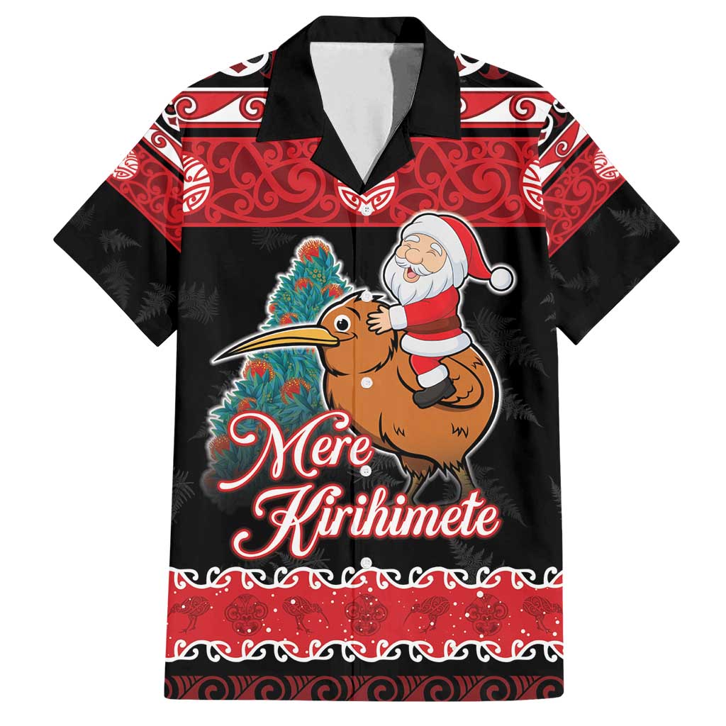 New Zealand Christmas Family Matching Off Shoulder Short Dress and Hawaiian Shirt Funny Santa Riding Kiwi Meri Kirihimete LT05 Dad's Shirt - Short Sleeve Black - Polynesian Pride