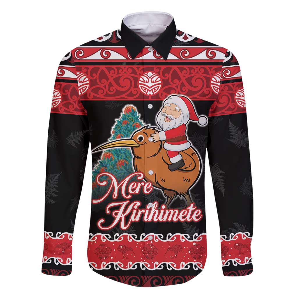 New Zealand Christmas Family Matching Off Shoulder Short Dress and Hawaiian Shirt Funny Santa Riding Kiwi Meri Kirihimete LT05 Dad's Shirt - Long Sleeve Black - Polynesian Pride