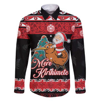 New Zealand Christmas Family Matching Summer Maxi Dress and Hawaiian Shirt Funny Santa Riding Kiwi Meri Kirihimete LT05 Dad's Shirt - Long Sleeve Black - Polynesian Pride