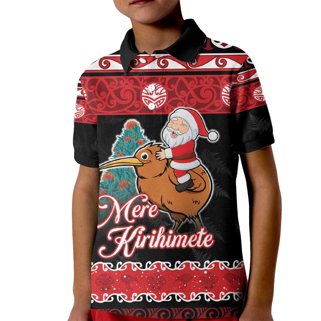 New Zealand Christmas Kid Polo Shirt Funny Santa Riding Kiwi Meri Kirihimete LT05 Kid Black - Polynesian Pride