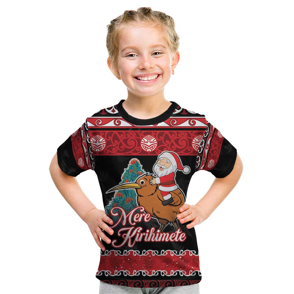 New Zealand Christmas Kid T Shirt Funny Santa Riding Kiwi Meri Kirihimete LT05 Black - Polynesian Pride