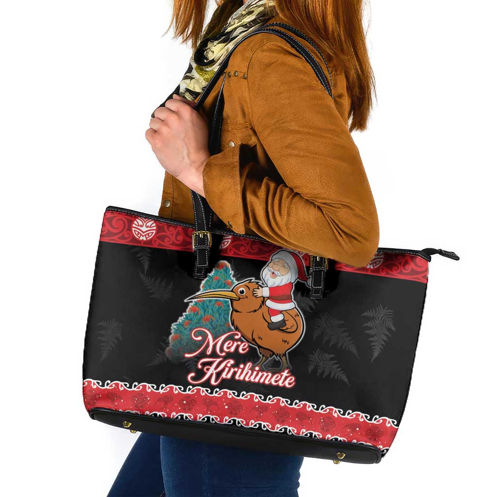 New Zealand Christmas Leather Tote Bag Funny Santa Riding Kiwi Meri Kirihimete LT05 Black - Polynesian Pride