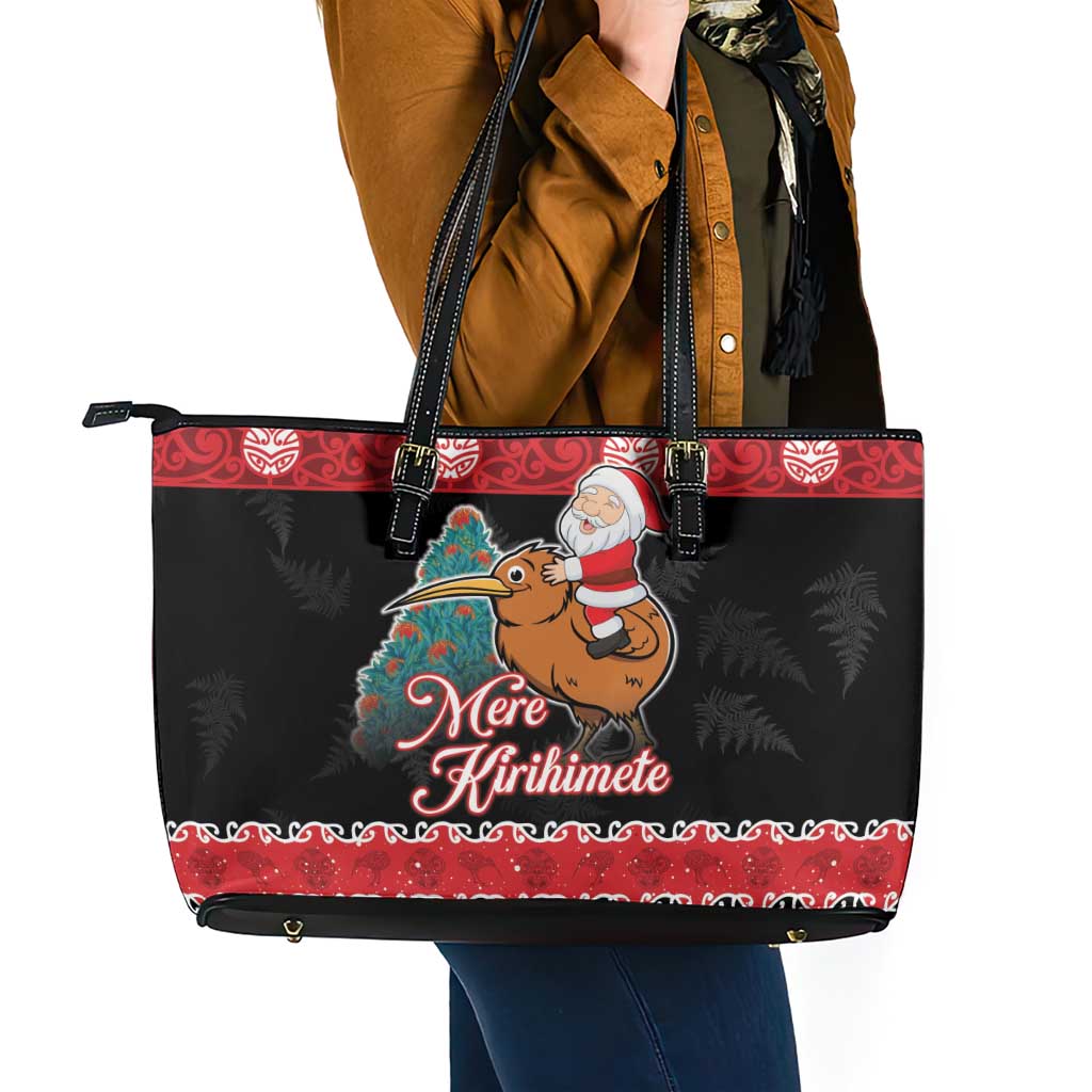 New Zealand Christmas Leather Tote Bag Funny Santa Riding Kiwi Meri Kirihimete LT05 - Polynesian Pride