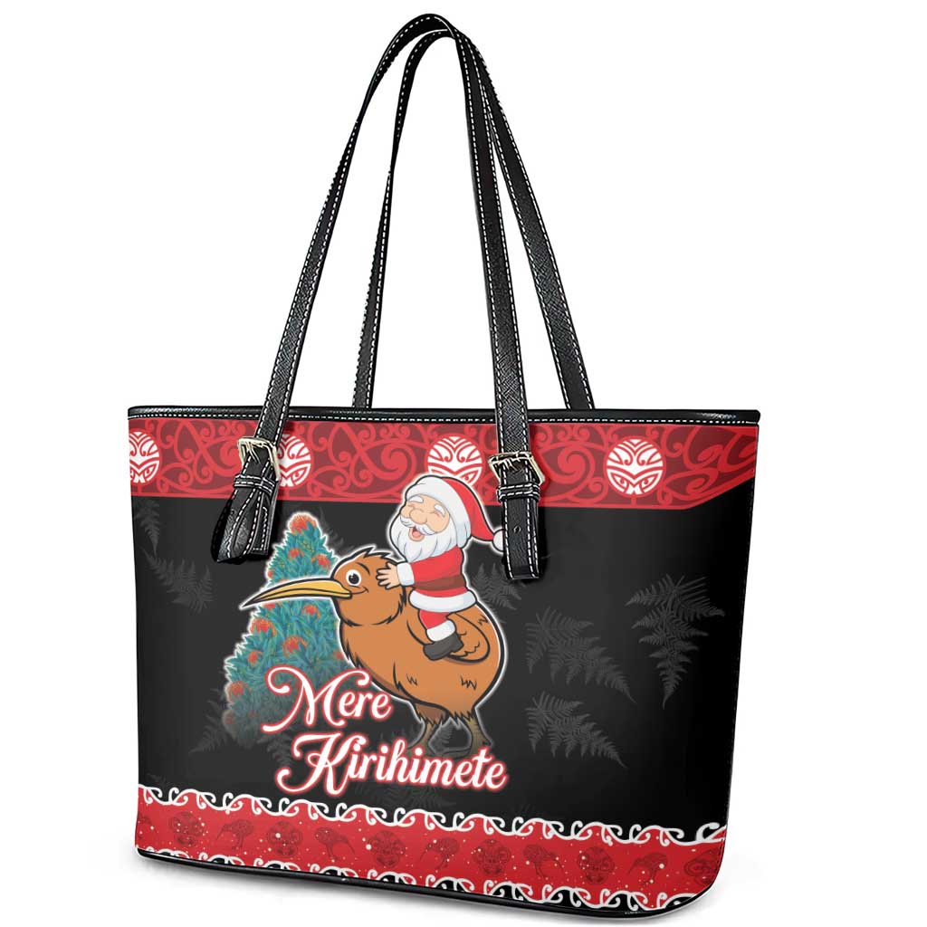 New Zealand Christmas Leather Tote Bag Funny Santa Riding Kiwi Meri Kirihimete LT05 - Polynesian Pride