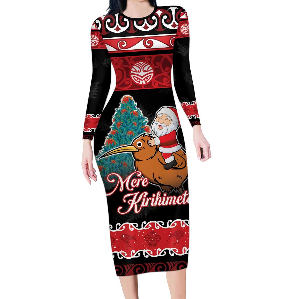 New Zealand Christmas Long Sleeve Bodycon Dress Funny Santa Riding Kiwi Meri Kirihimete LT05 Long Dress Black - Polynesian Pride