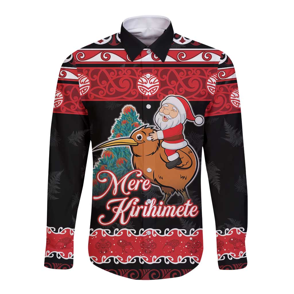 New Zealand Christmas Long Sleeve Button Shirt Funny Santa Riding Kiwi Meri Kirihimete LT05 Unisex Black - Polynesian Pride