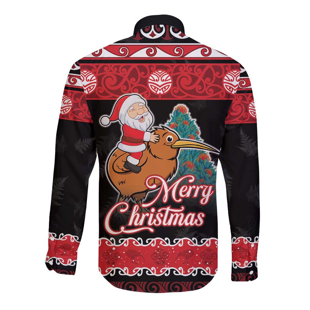 New Zealand Christmas Long Sleeve Button Shirt Funny Santa Riding Kiwi Meri Kirihimete LT05 - Polynesian Pride