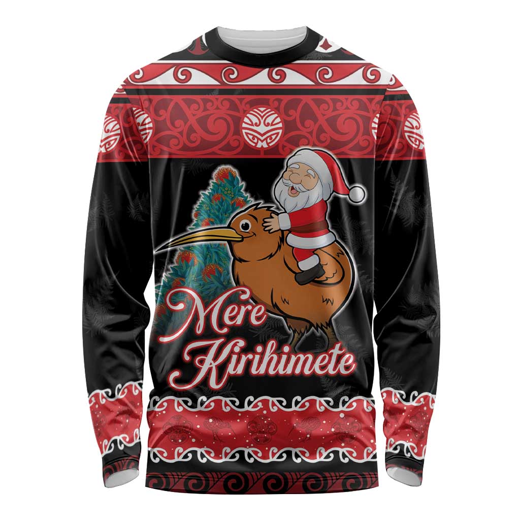 New Zealand Christmas Long Sleeve Shirt Funny Santa Riding Kiwi Meri Kirihimete LT05 Unisex Black - Polynesian Pride