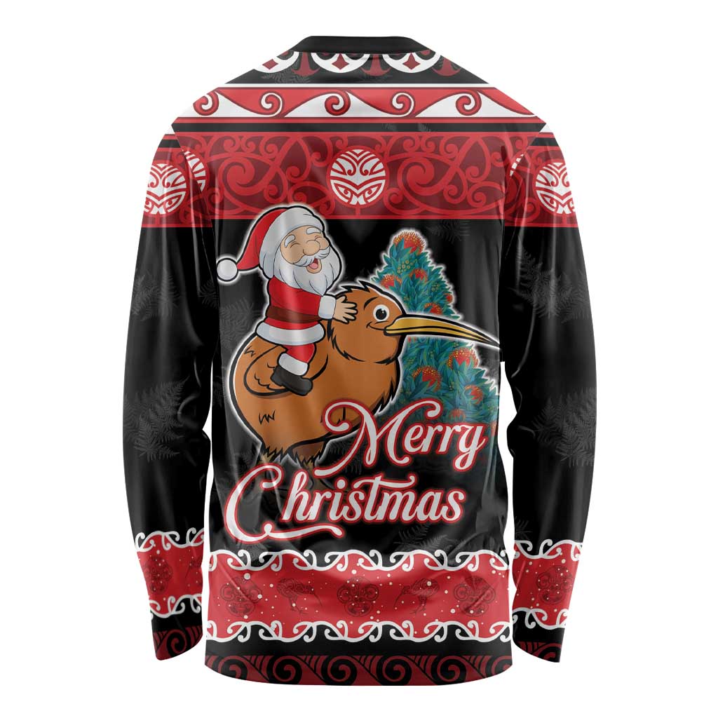 New Zealand Christmas Long Sleeve Shirt Funny Santa Riding Kiwi Meri Kirihimete LT05 - Polynesian Pride
