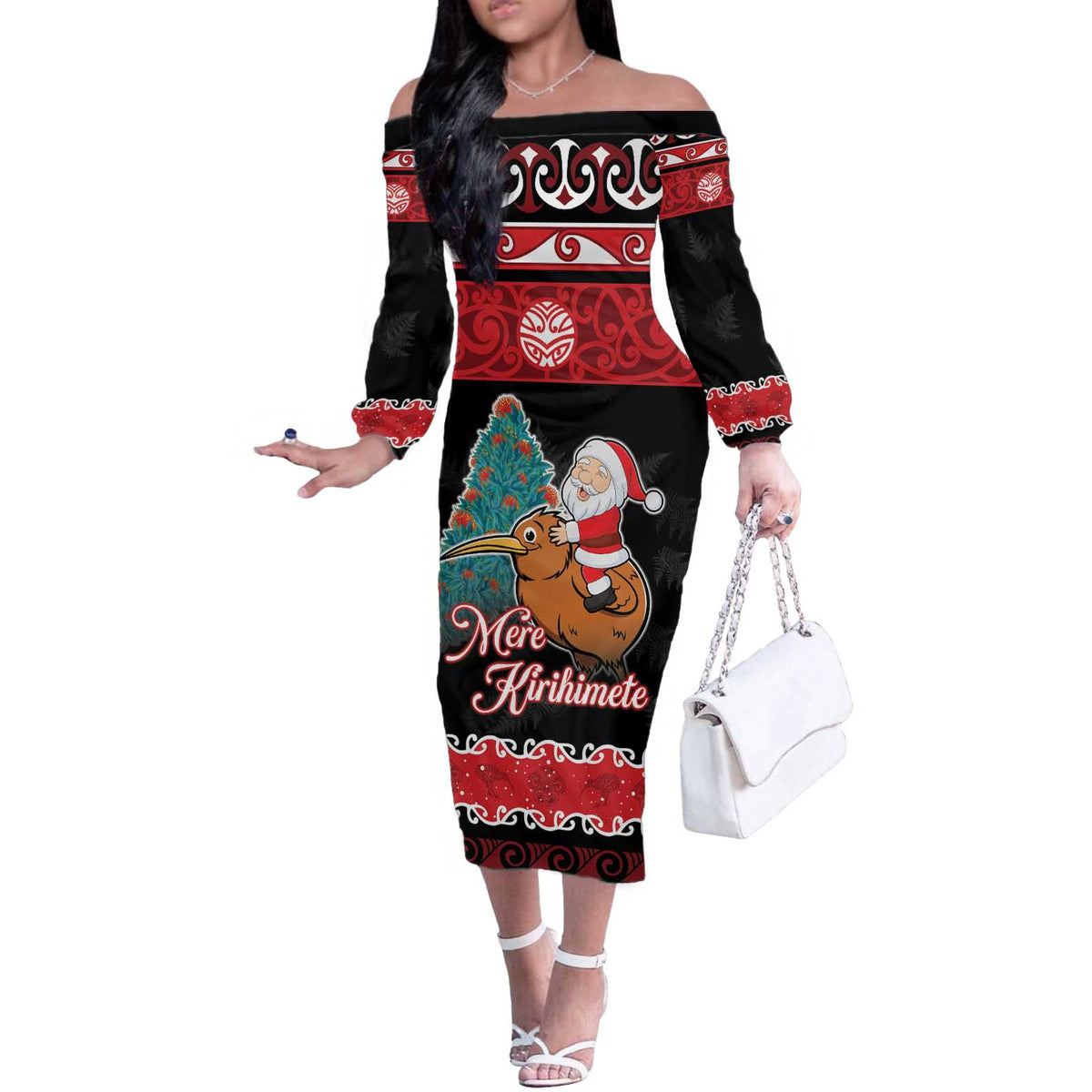 New Zealand Christmas Off The Shoulder Long Sleeve Dress Funny Santa Riding Kiwi Meri Kirihimete LT05 Women Black - Polynesian Pride