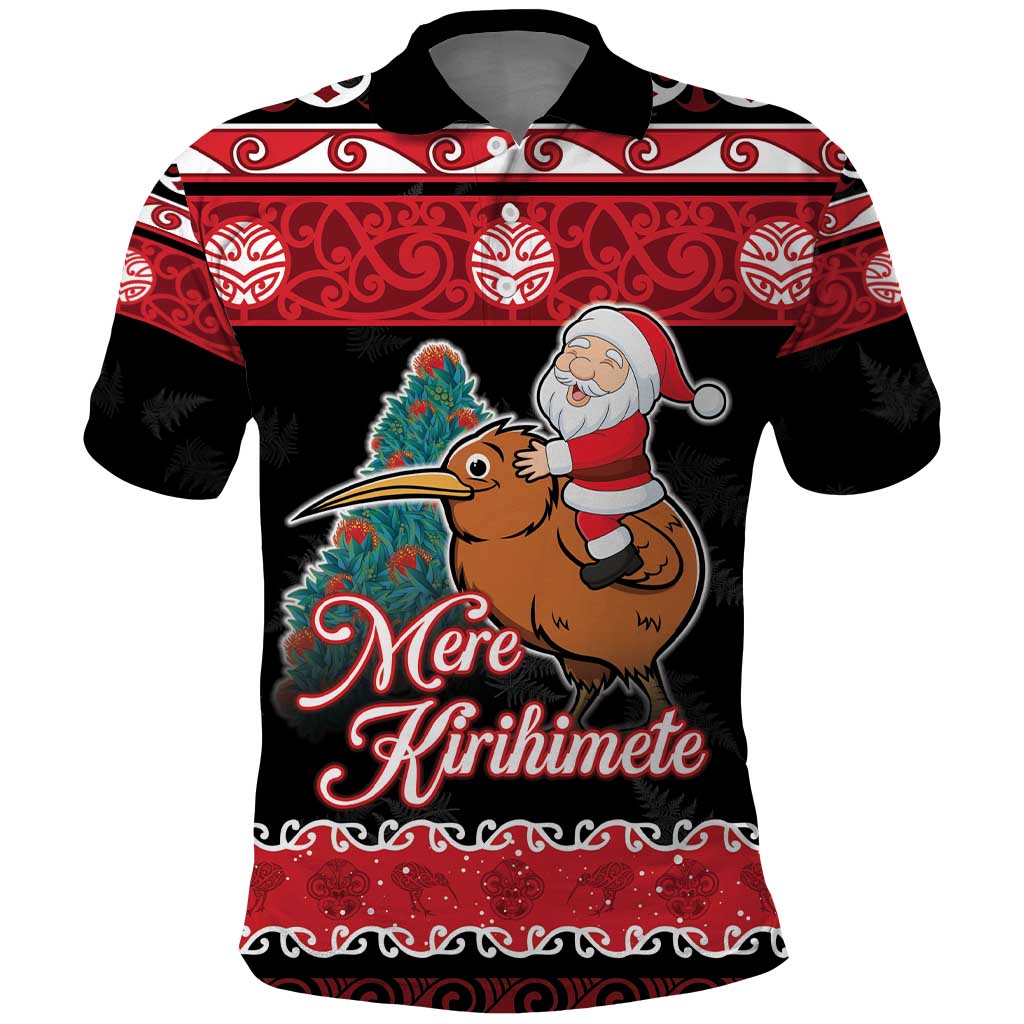 New Zealand Christmas Polo Shirt Funny Santa Riding Kiwi Meri Kirihimete LT05 Black - Polynesian Pride