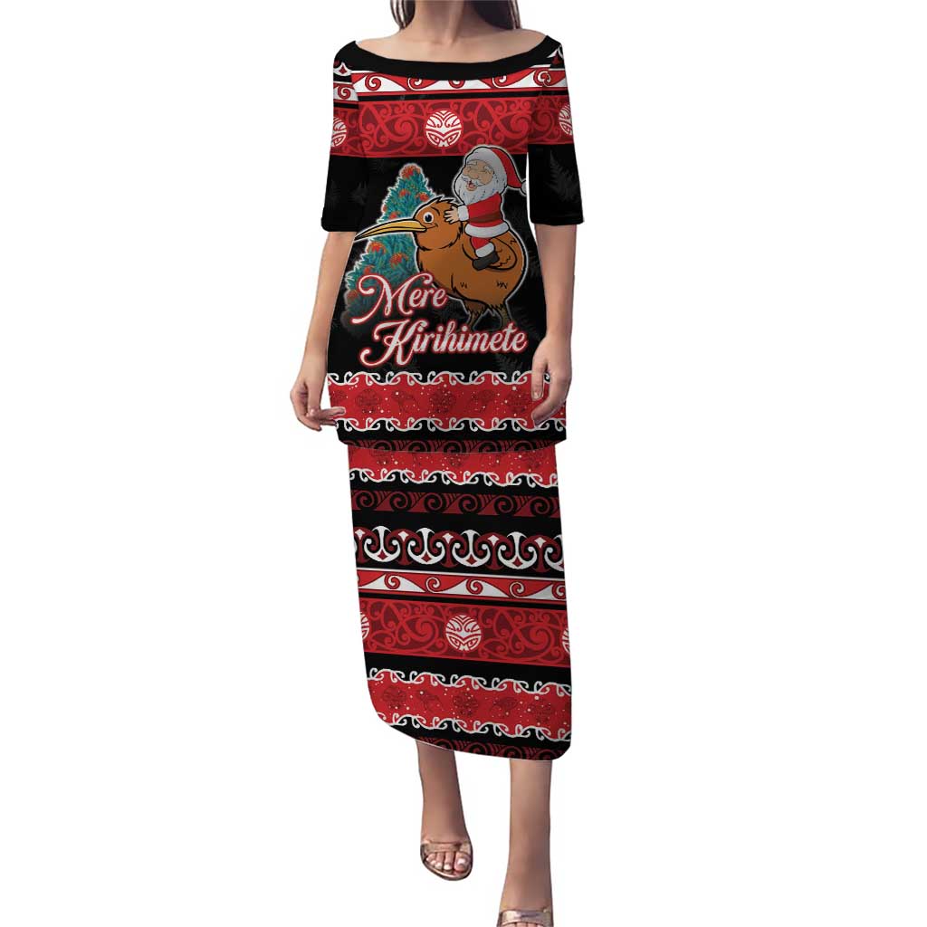 New Zealand Christmas Puletasi Funny Santa Riding Kiwi Meri Kirihimete LT05 Long Dress Black - Polynesian Pride