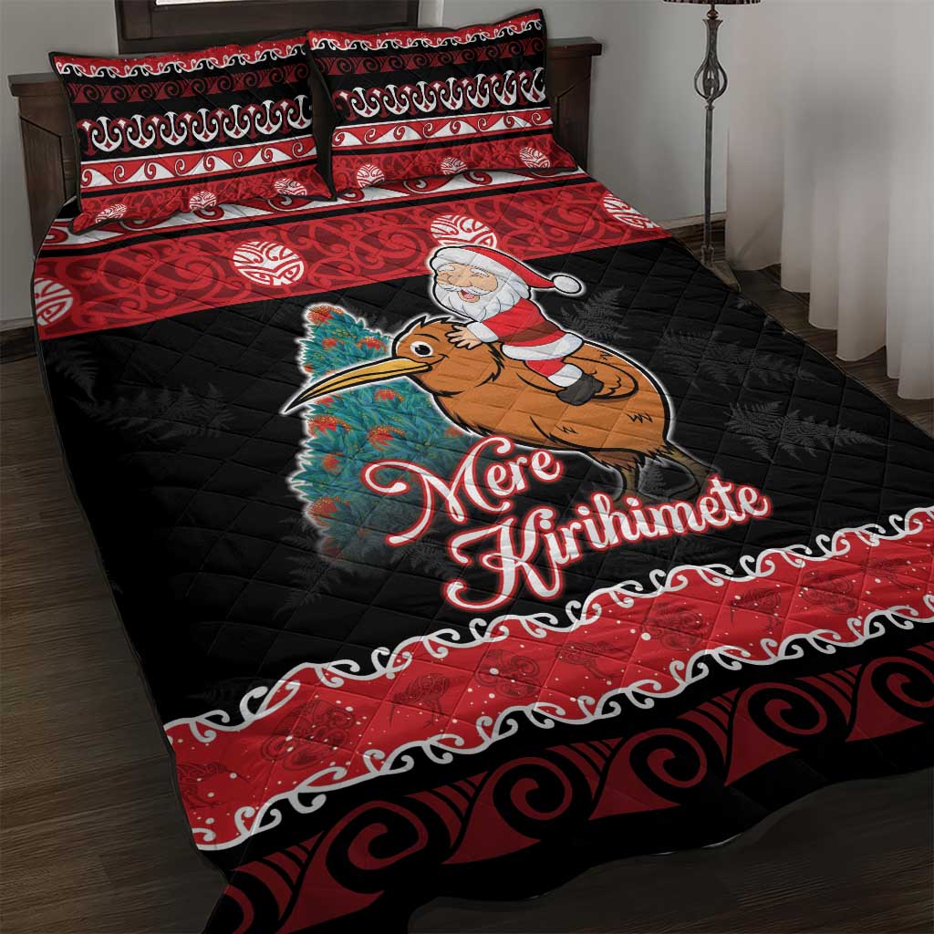 New Zealand Christmas Quilt Bed Set Funny Santa Riding Kiwi Meri Kirihimete LT05 Black - Polynesian Pride