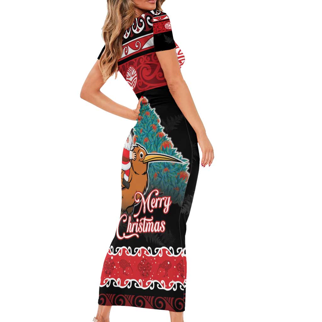 New Zealand Christmas Short Sleeve Bodycon Dress Funny Santa Riding Kiwi Meri Kirihimete LT05 - Polynesian Pride